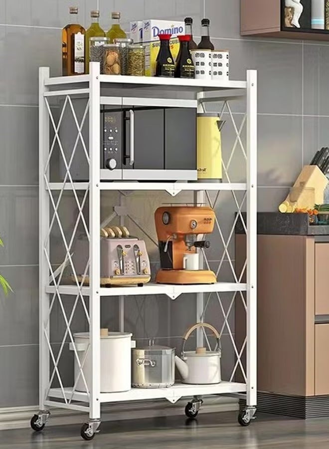 Raqi 4-Tier Foldable Metal Storage Rack with Wheels – Heavy-Duty Shelving Unit with Large Capacity – Kitchen, Garage & Basement Organizer – White - Image 1
